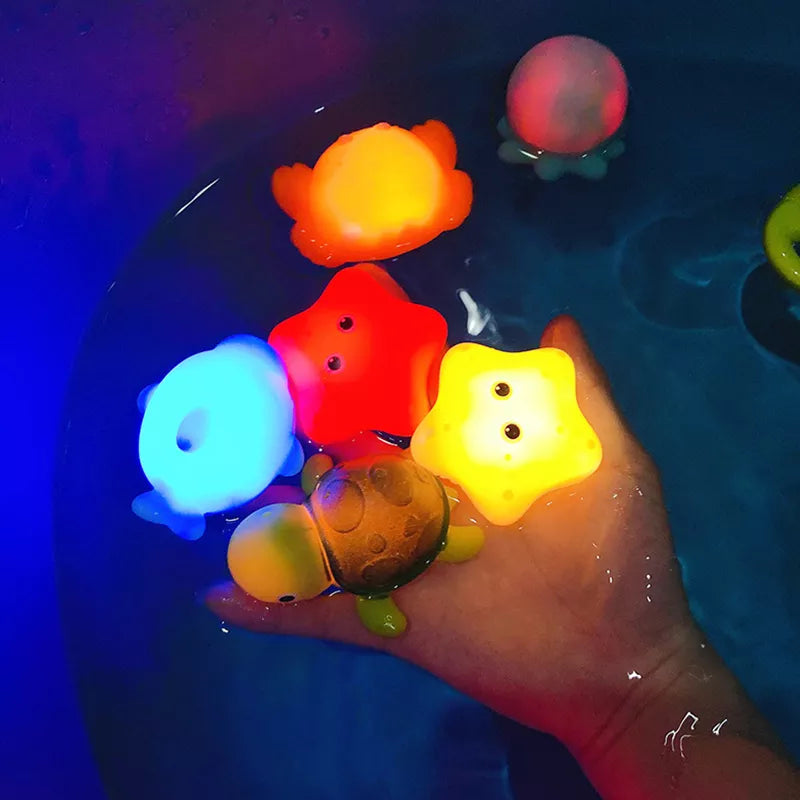 Baby Cute Animals Bath Toy Swimming Water LED Light Up Toys Soft Rubber Float Induction Luminous Frogs for Kids Play Funny Gifts